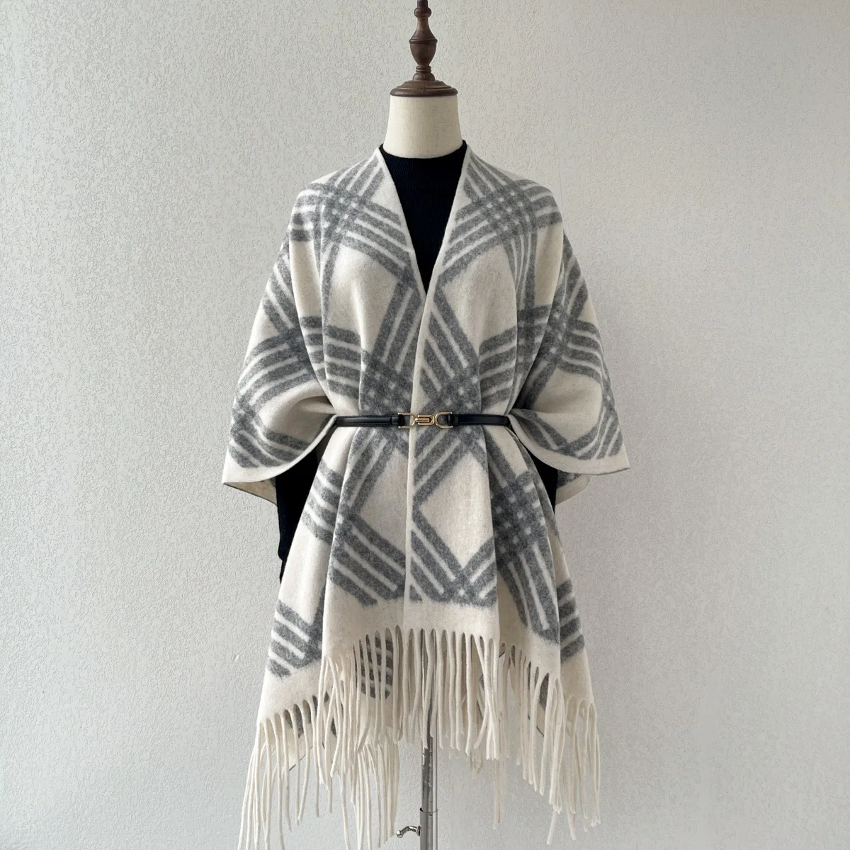 Faux Cashmere Plaid Fringed Shawl Wraps for Women Winter Warm Cape Cardigan Style Shoulder Cover Up Scarf