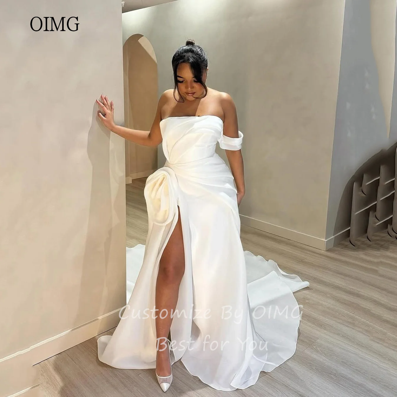 OIMG Sexy Ivory A Line Wedding Dress Off The Shoulder Bride Dresses Side Slit Flower Decoration Wedding Gowns Customized