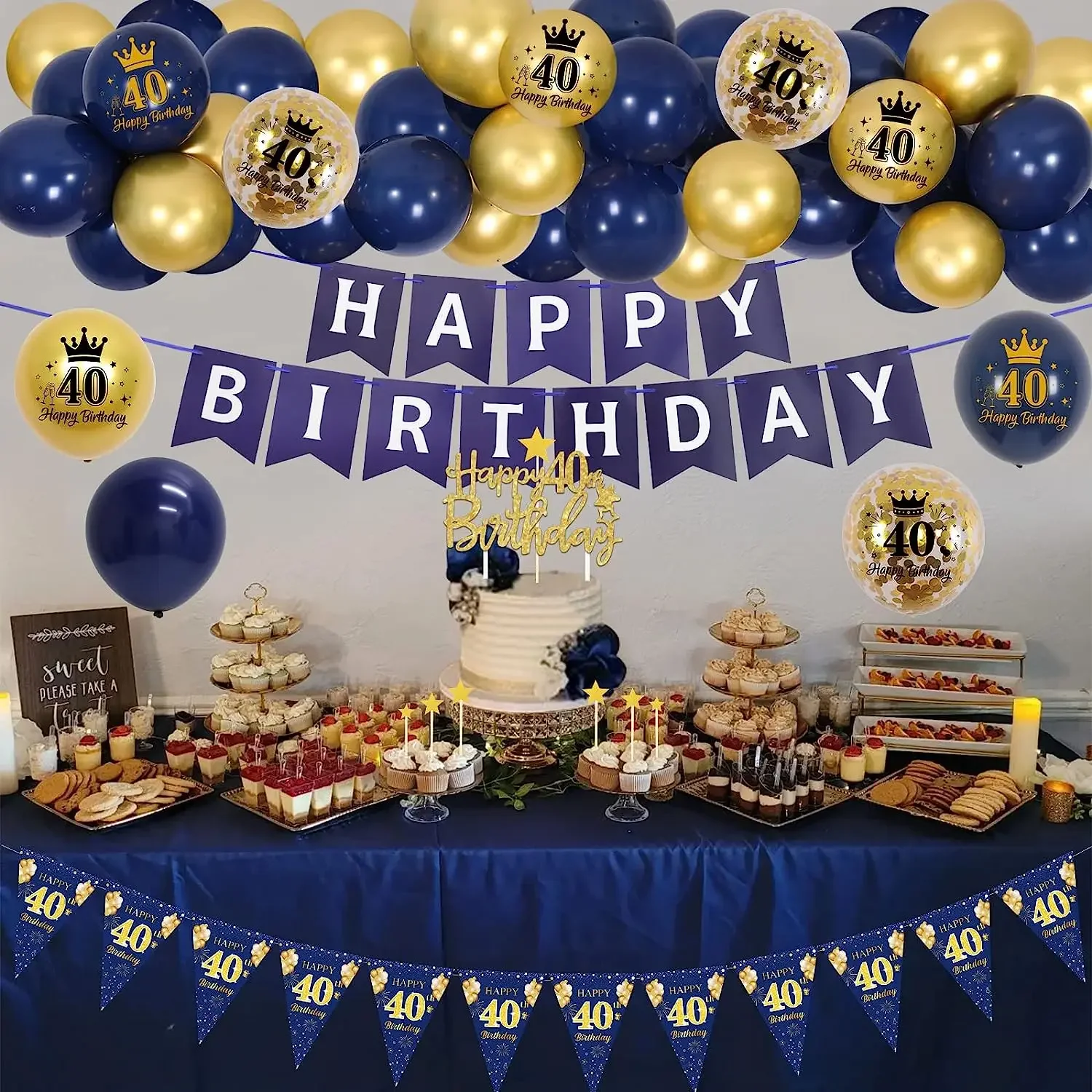 Imagem -03 - Kit de Decoração de Festa de 40 Anos Azul Marinho e Dourado Balões para Homens e Mulheres Suprimentos de 40 Anos