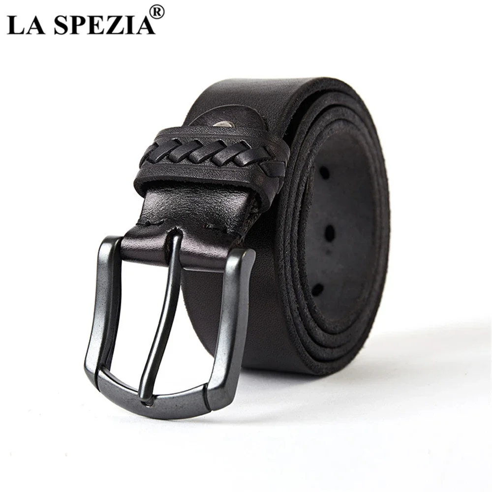 LA SPEZIA Men Leather Belt Black Pin Buckle Genuine Leather Belt Male Vintage Casual High Quality Trouser Belt Real Cowskin