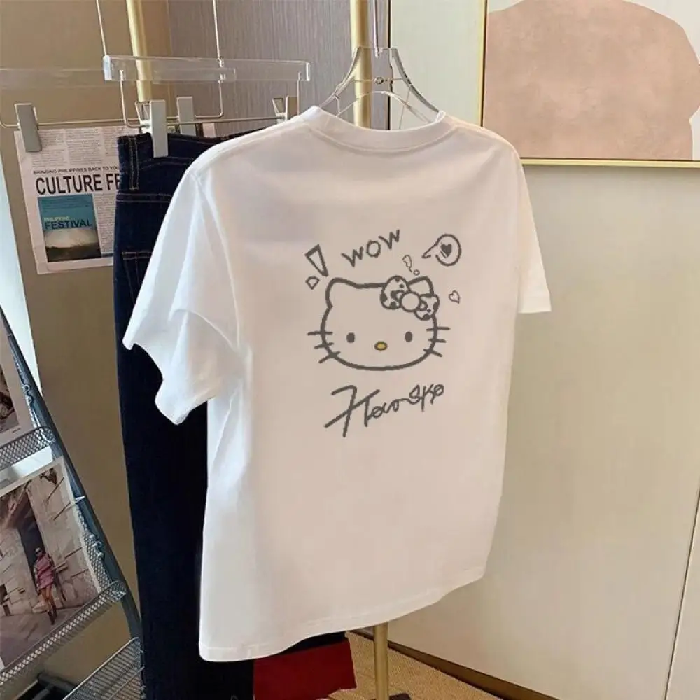 

Женская футболка в стиле аниме «Hello Kitty», летние хлопковые свободные топы в американском стиле с короткими рукавами для девочек, студенческие трендовые свободные топы для отдыха
