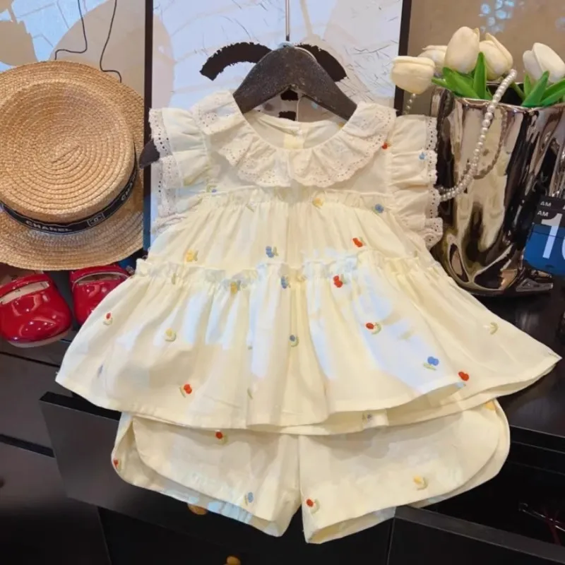 

TOY-Girls' Embroidered Cherry Set Summer New Fashionable Two-Piece Princess Outfit for Girls