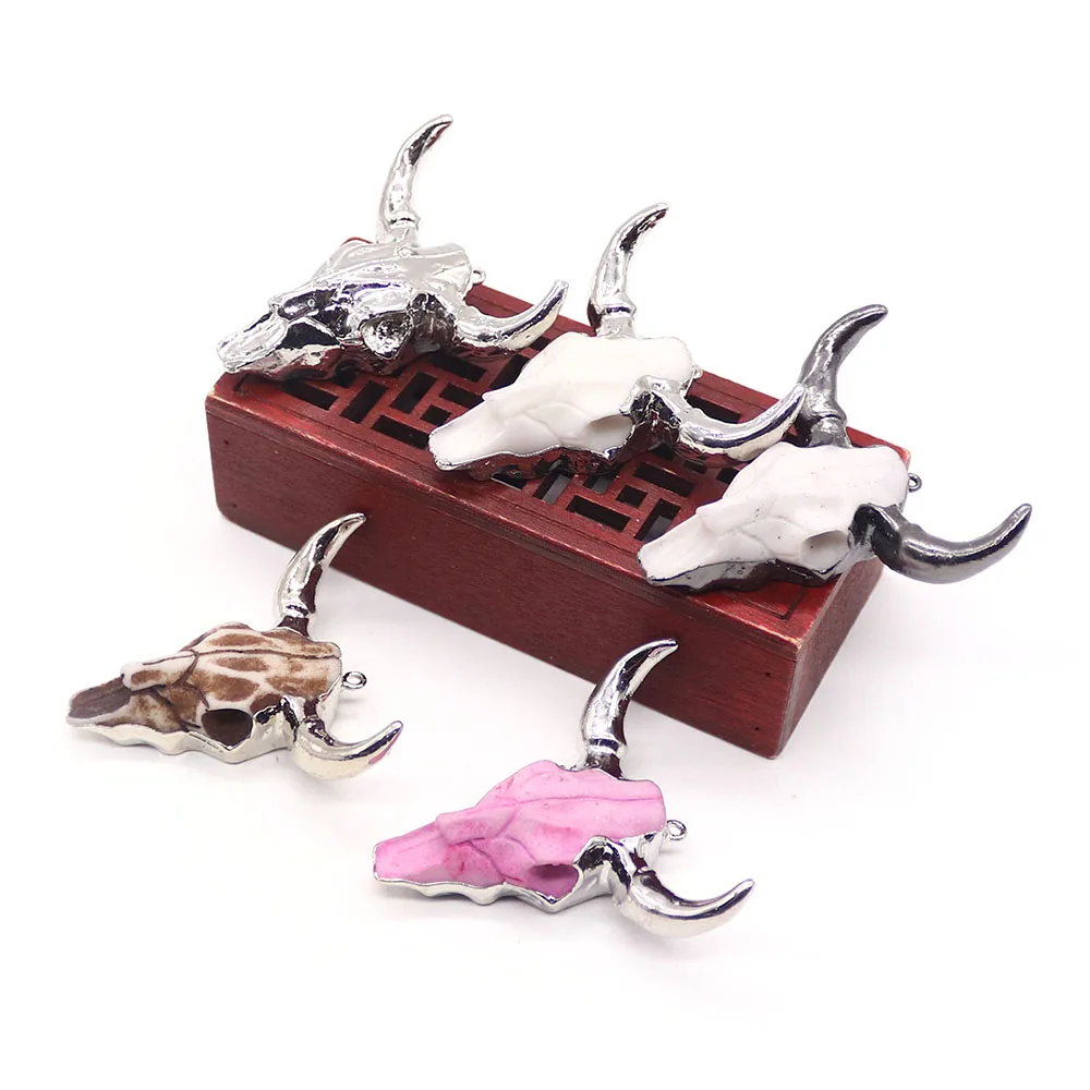 multi-color Bull Head Shape Resin Pendants With Silver Bull Horn Design Handmade Fashion Necklace Jewelry Accessory 1 Pc/pack