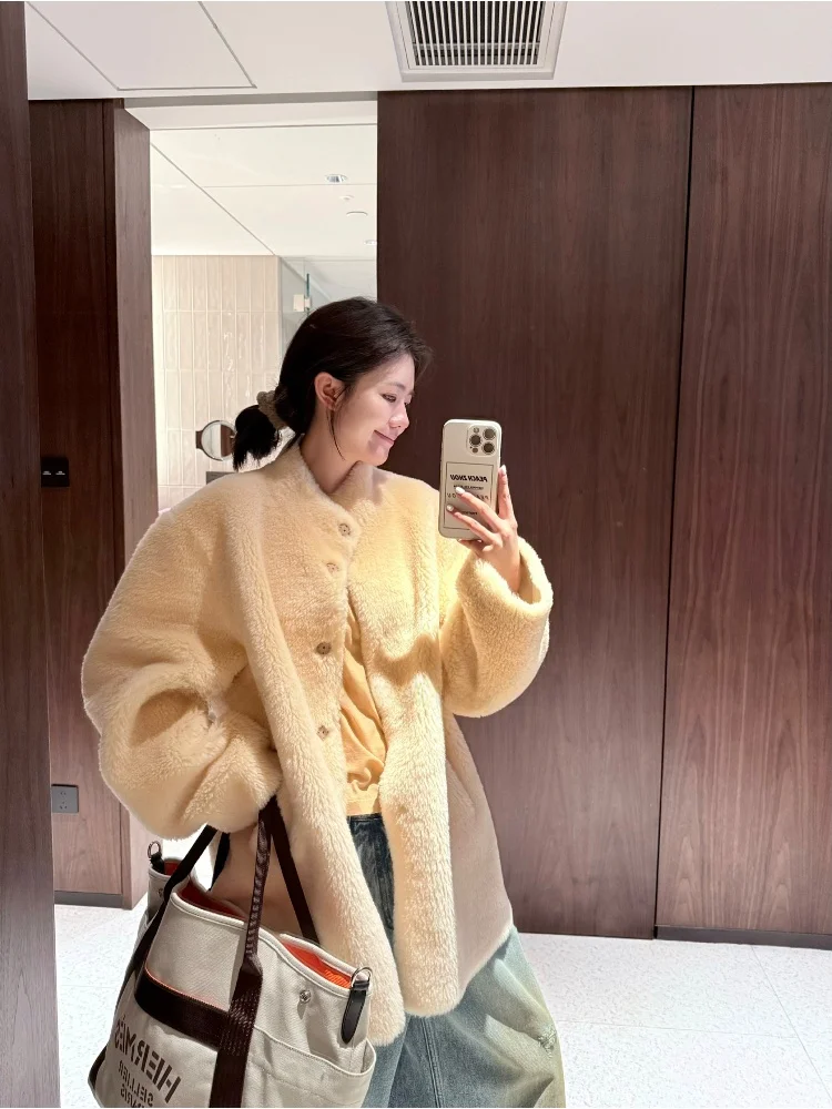 

PEACHZHOU Winter Woolen Coat Cheese Velvet Feel Loose T Sle Collarl Jaet Warm Casual Women's Faion Outerwear