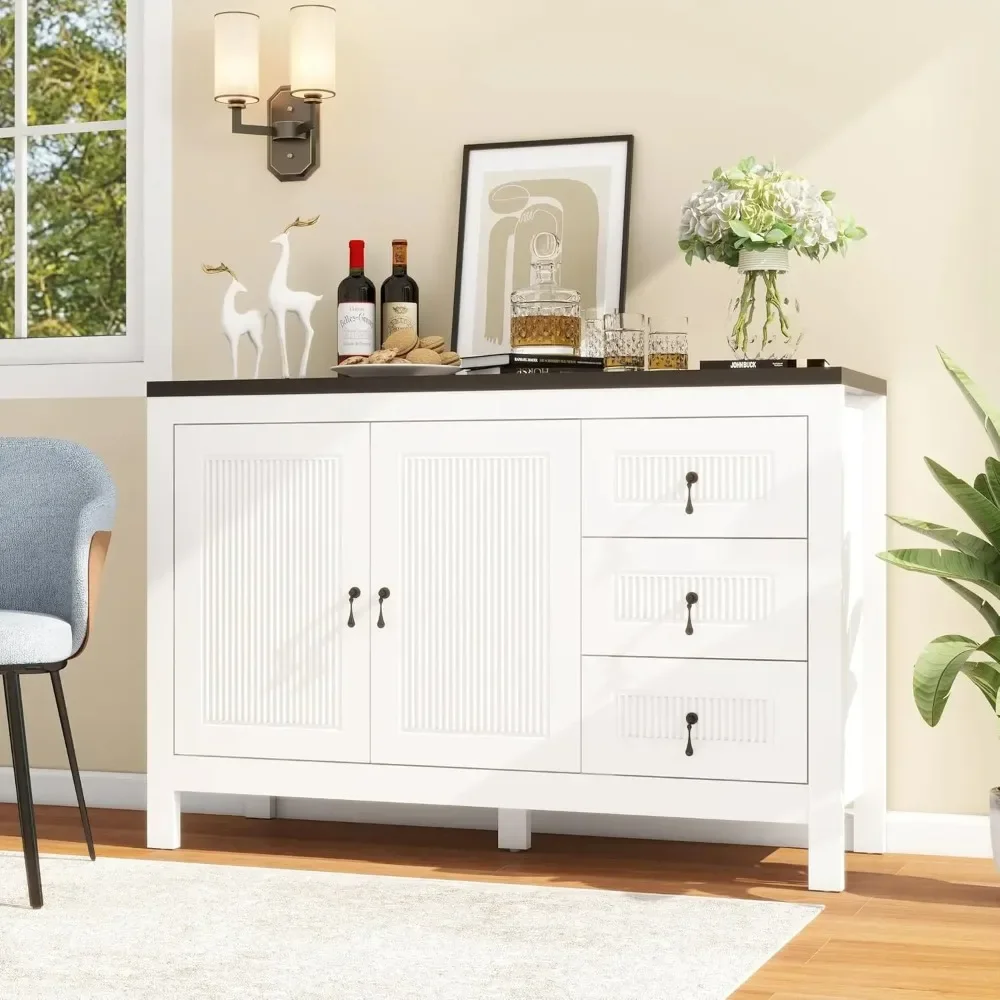 White and Black Fluted Sideboard Buffet Cabinet with Storage, 47