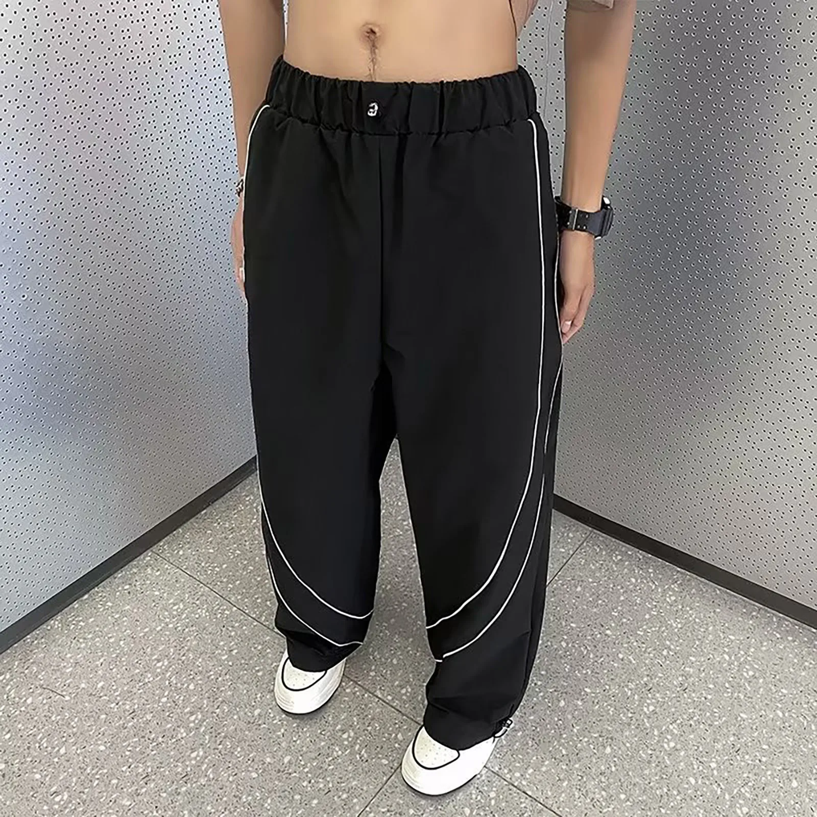 Y2K Cargo Pant Overalls Two White Line Black Pants New Harajuku Fashion Casual Loose Men Rock Straight Wide Leg Pants Streetwear