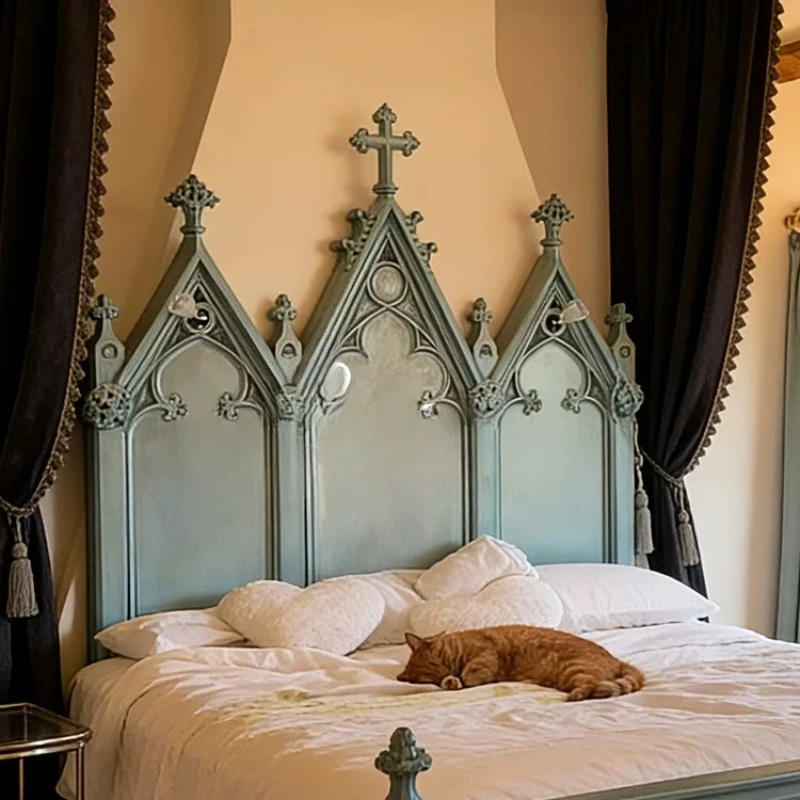 French retro solid wood blue double bed antique old Paris master bedroom 1.8 meters wedding bed