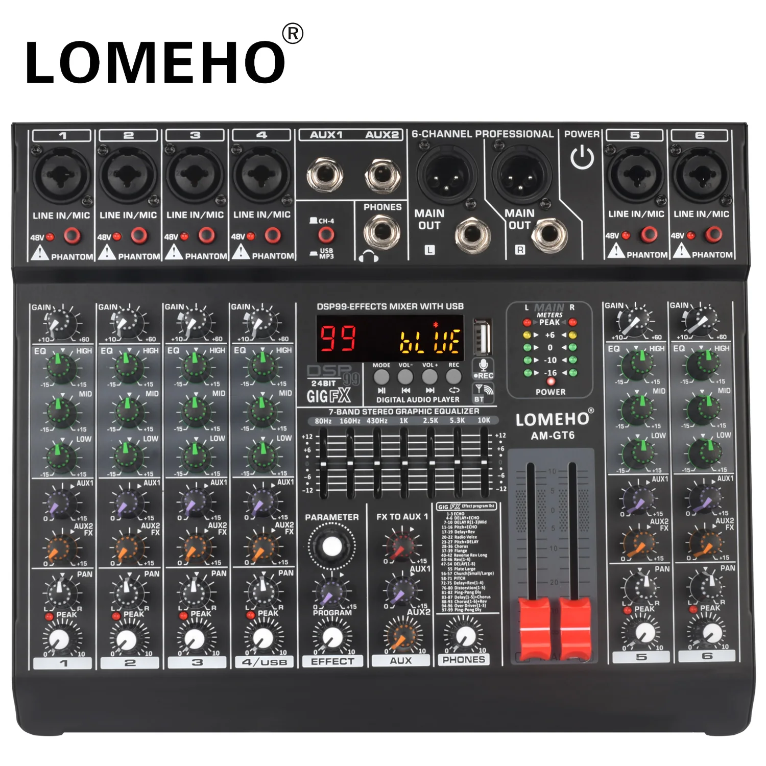 

LOMEHO 99 Effect 7 Band EQ Sound Audio Mixer 6 Channel Mixing Console USB PC Record Bluetooth AUX DJ Controller Table AM-GT6