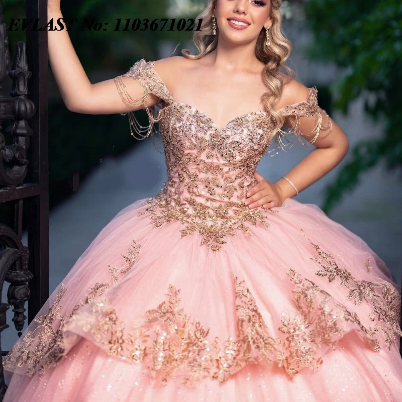 فستان Quinceanera الوردي ، ثوب الكرة ، مزين بالدانتيل الذهبي ، مشد مطرز بالخرز ، حلو 16 ، 15 سنة ، SQ157