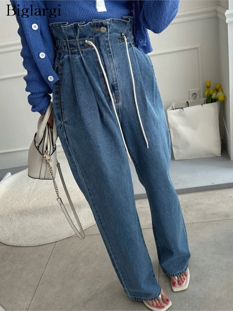 

Jeans Spring Autumn Long Ruffle Elastic High Waist Pant Women Fashion Korean Style Ladies Trousers Loose Woman Wide Leg Pants