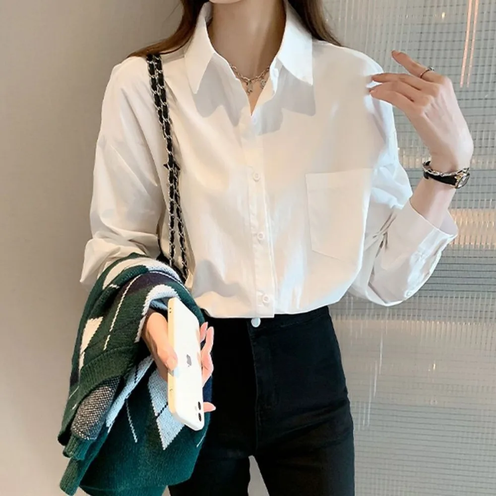 Temperament White Shirt Women New A Minority Casual Loose Solid Color Comfortable All-match Polo-neck Long Sleeve Women Pocket