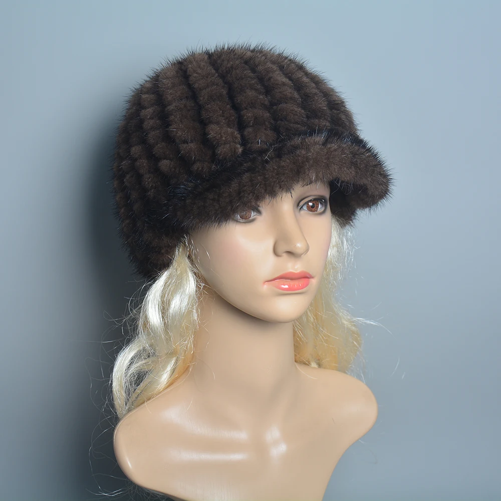 New Russia Lady Winter Hand Knitted Real Mink Fur Hat Natural Warm Mink Fur Visors Cap Women Fashion 100% Genuine Mink Fur Hats