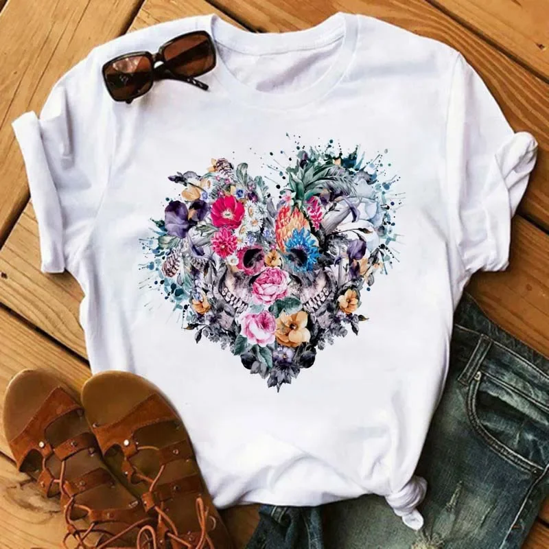 Maycaur Colorful Heart Flower Print Women Tshirt Summer Casual Funny Graphic T Shirt 90s Lady Yong Girl Valentine's Day Gifts