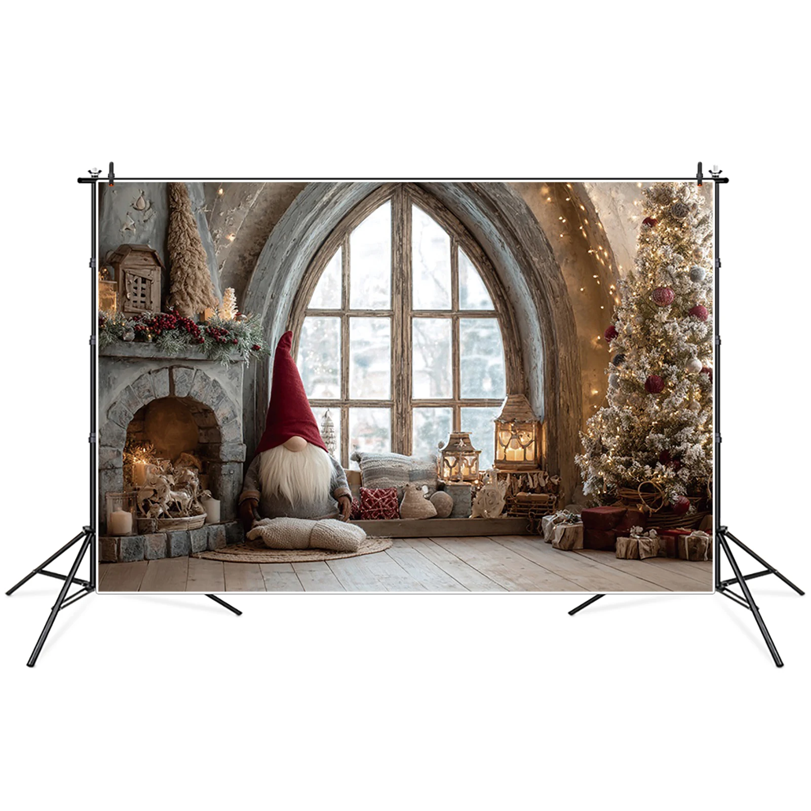 

MOON.QG Arch Window Christmas Candle Fireplace Photographic Background Backdrop Decorations Photo Poster Child Accessories