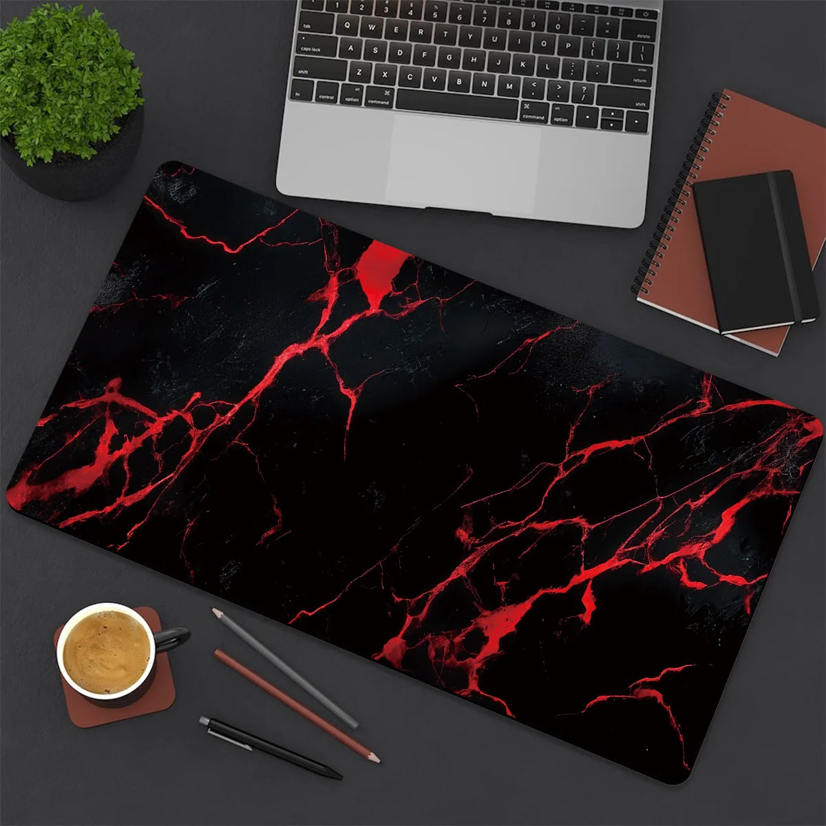 1pc Extended Gaming Mouse Pad and PC Desktop Keyboard Pad | Black Background with Red Lightning Lines Abstract Pattern