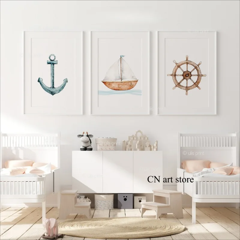 Cartoon Stil Nautischen Boot Anker Kinderzimmer Rad Boot Kunst Poster Leinwand Malerei Wand Drucke Bild Wohnzimmer Wohnkultur