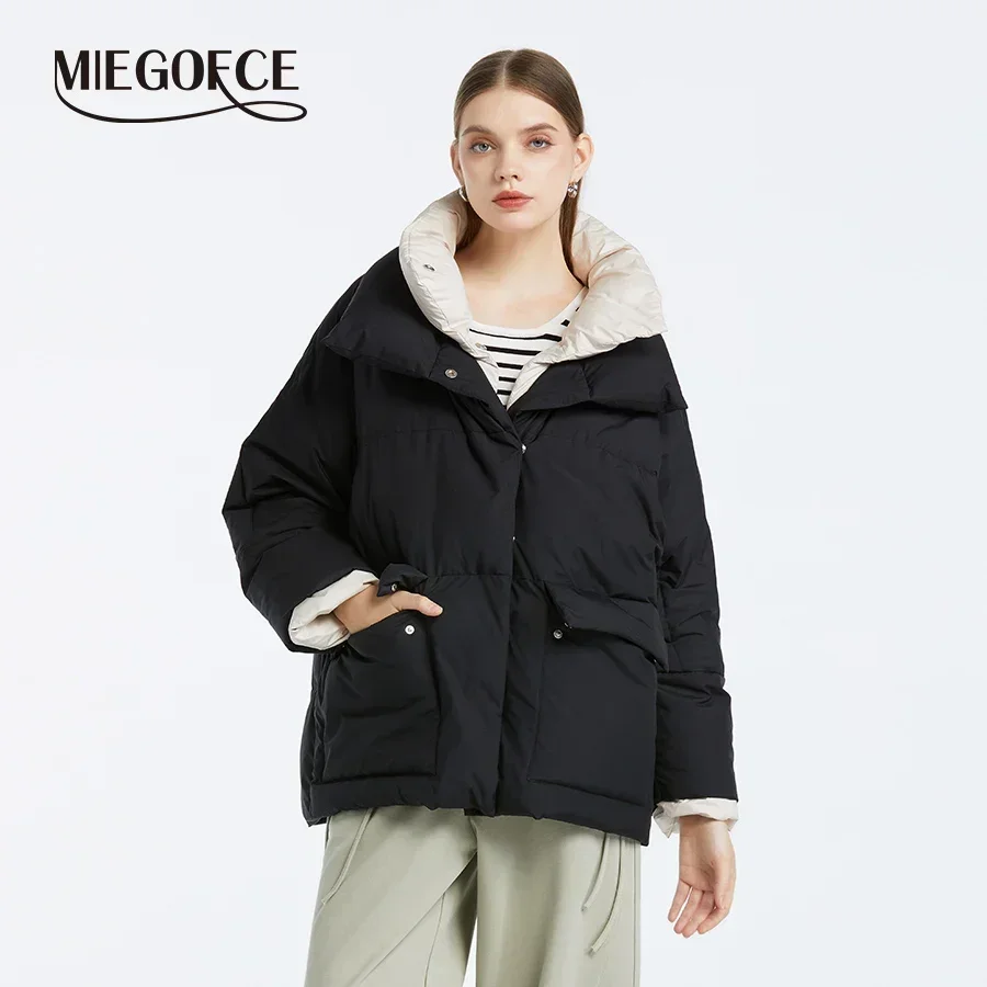 MIEGOFCE Winter Two Color Match Short Woman Coat Double Collar Design Windproof Women Jacket Hidden Button Loose Parkas MS23003