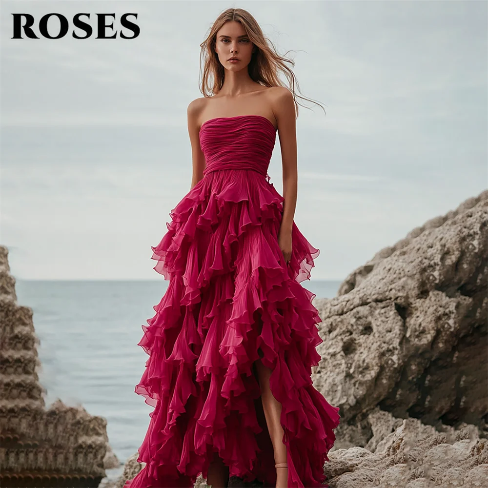 

ROSES Fuchsia Strapless A Line Prom Dress Ruched Tiered Chiffon Celebrity Dress with Side Slit Women's Evening Dress Customized
