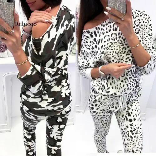 Fashion Women 2pcs Tracksuit Leopard Camouflage Print Hoodie Sweatshirt Top Casual Pants Sport Jogging Femme Two Piece Set Suits