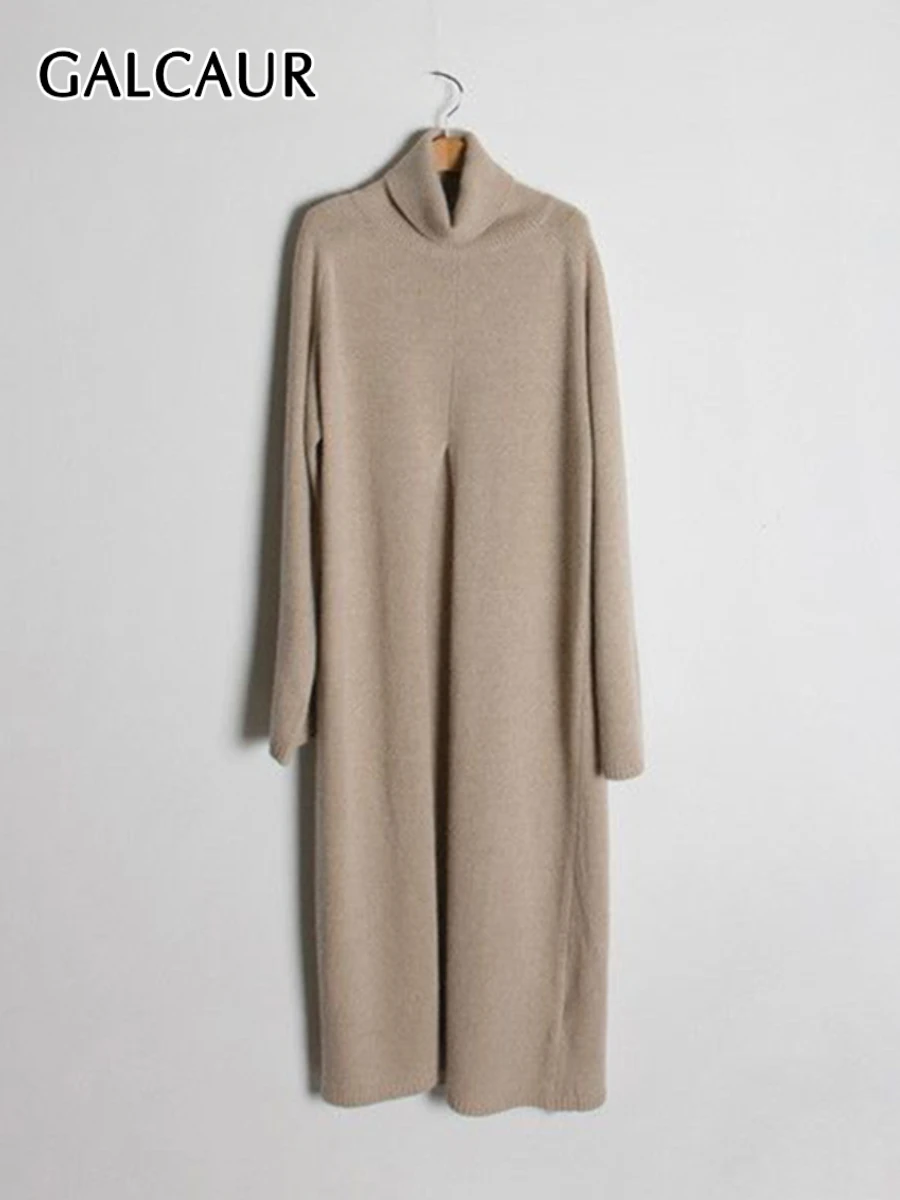 

GALCAUR Solid Loose Temperament Dresses For Women High Neck Long Sleeves Minimalism Split Midi Dress Female Winter Clothing New