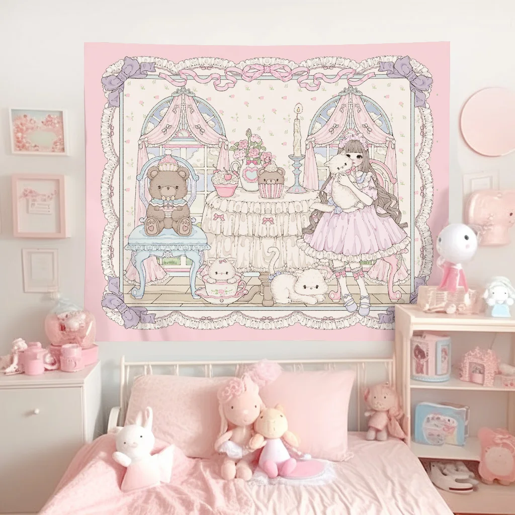 Kawaii Wohnkultur Wandbehang Tapisserie Anime Rosa Mädchen Tapisserie Wand Schlafzimmer Hintergrund Dekor Nette Mode Dame Wandteppiche