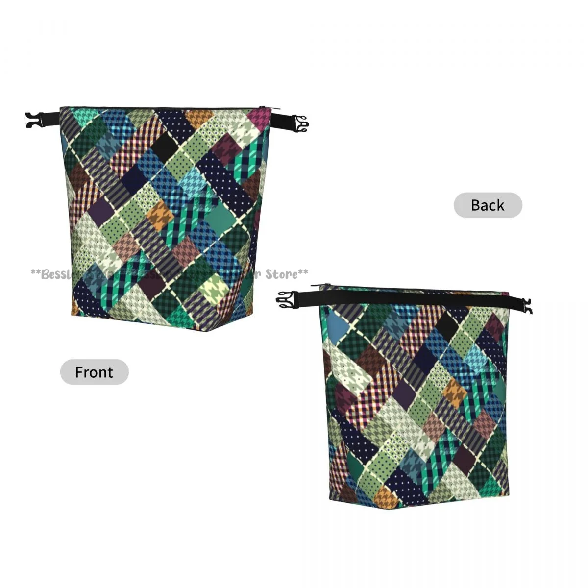 Roll-Top Insulated Lunch Bag Plaid Patchwork Style Thermal Bento Box Bag Portable Cooler Bag for Picnic