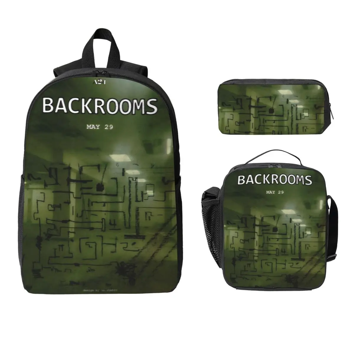 3Pcs Backrooms 2026 Theme Backpack Set for Boy Girl Pen Bags Bookbag Sets with Lunch Box For School Students Daypack