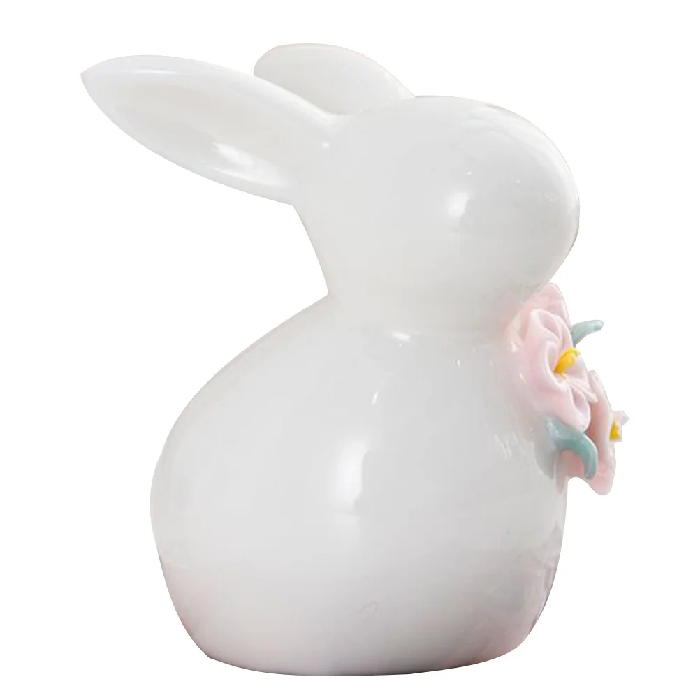 

White Ceramic Bunny Rabbit with Violet Flower Detailed Craftsmanship for Home Decor Garden Patio Interior Exterior Decoration