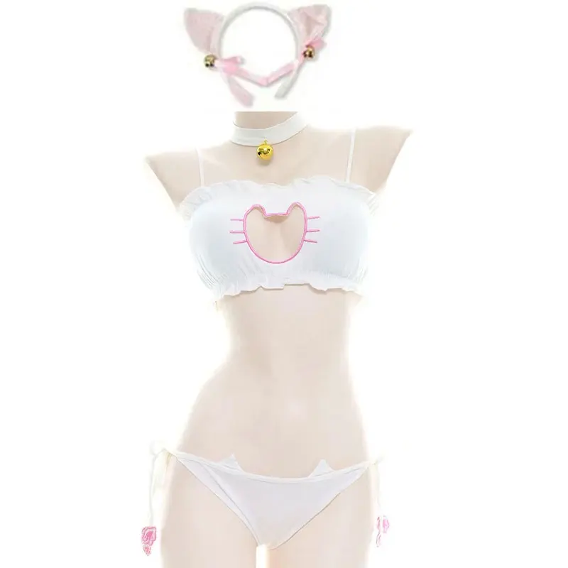 Conjunto de sujetador y bragas de uniforme de Cosplay erótico para mujer, ropa íntima Kawaii Lolita, Kit de sujetador hueco, uniforme de gato de Anime japonés, disfraces sexys