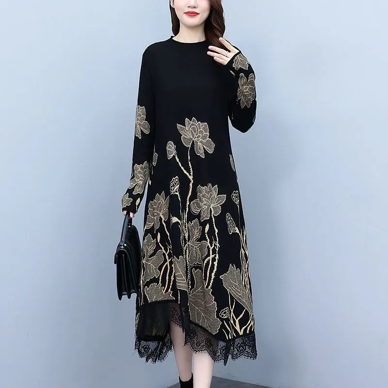 2025 Autumn Winter New Women's Fat Mother Knitted Dress Fashion Middle-aged Elderly Female Bottoming Shirt Vestidos