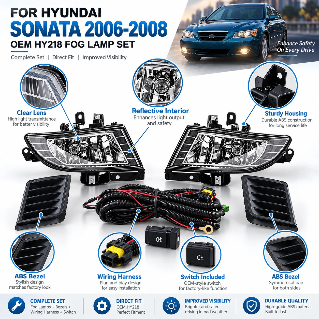 For Hyundai Sonata 2006 2007 2008 Front Bumper Fog Light Set Halogen Fog Lamp Assembly Replacement Driving Lamp