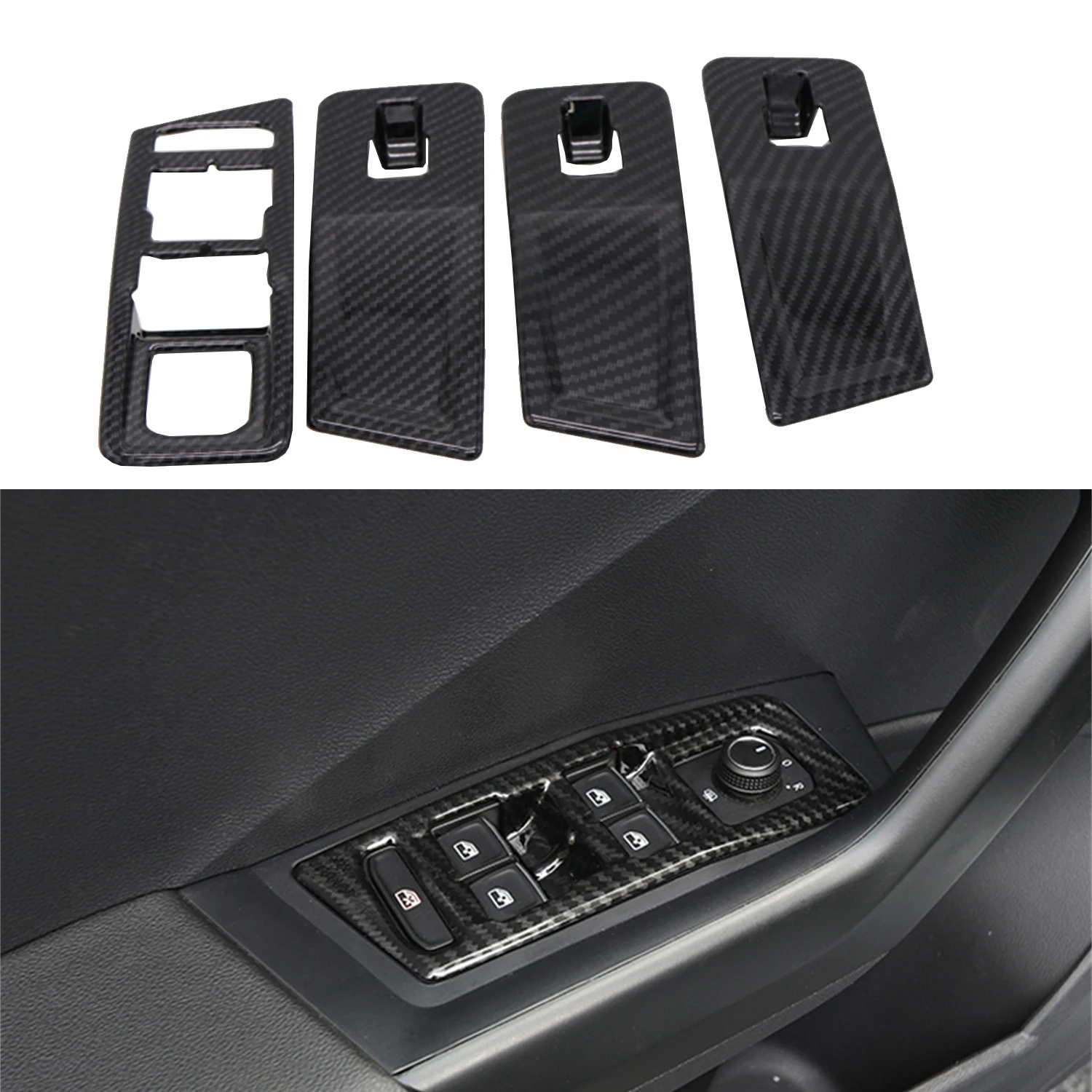 For VW Volkswagen T-ROC 2017-2023 LHD Carbon Black Window Lift Switch Control Button Cover Decor Trim ABS Accessories 4pcs