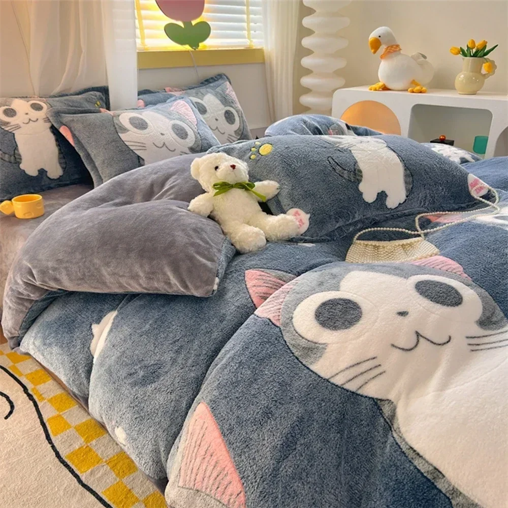 

Thicken Flannel Duvet Cover without Pillowcase, Warm Quilt Cover, Cartoon Cat, Kids, Winter, 220x240cm, 1Pc