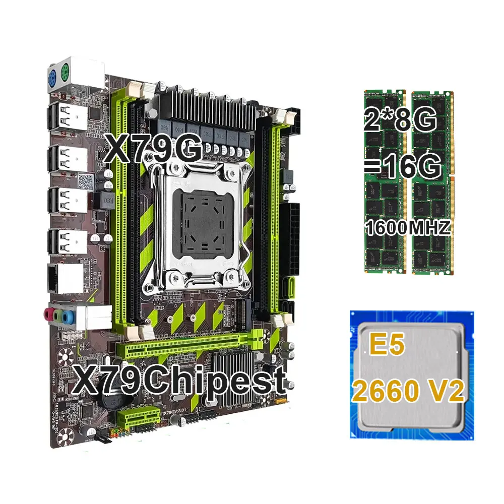 KEYIYOU X79G Motherboard LGA2011 Mini-ATX Combos E5 2660 V2 LGA 2011 CPU 16GB (2pcs *8GB)  DDR3 ECC REG RAM 1600Mhz PC3 128000R