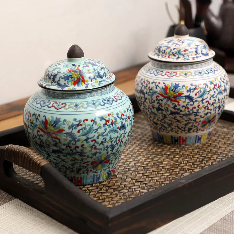 Chinese Ceramic Tea Candy Jar with Lid Table Arrangement Vase Candy Dried Fruit Coffee Bean Medicinal Materials Storage Bottle