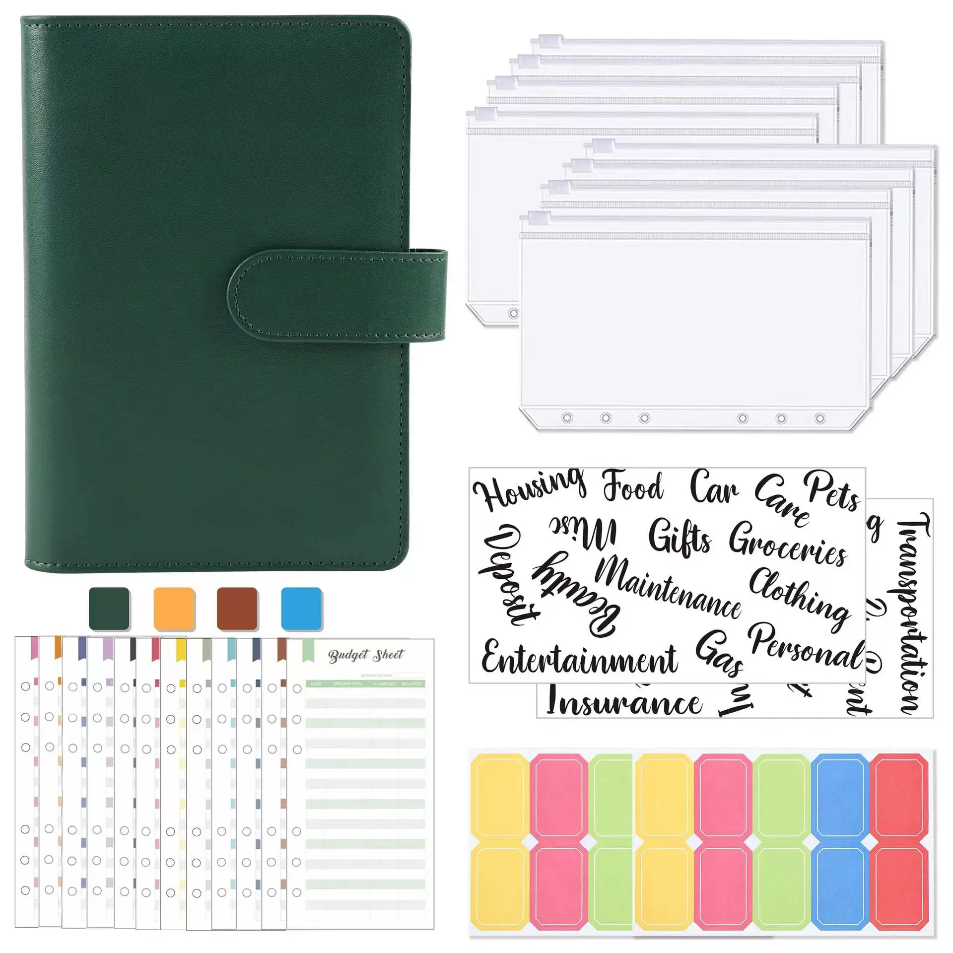 

A6 Budget Binder Cover with Zipper Envelopes for Money Expense Saving Planner Organizer Cash Bills Coupon, with Labels Stickers