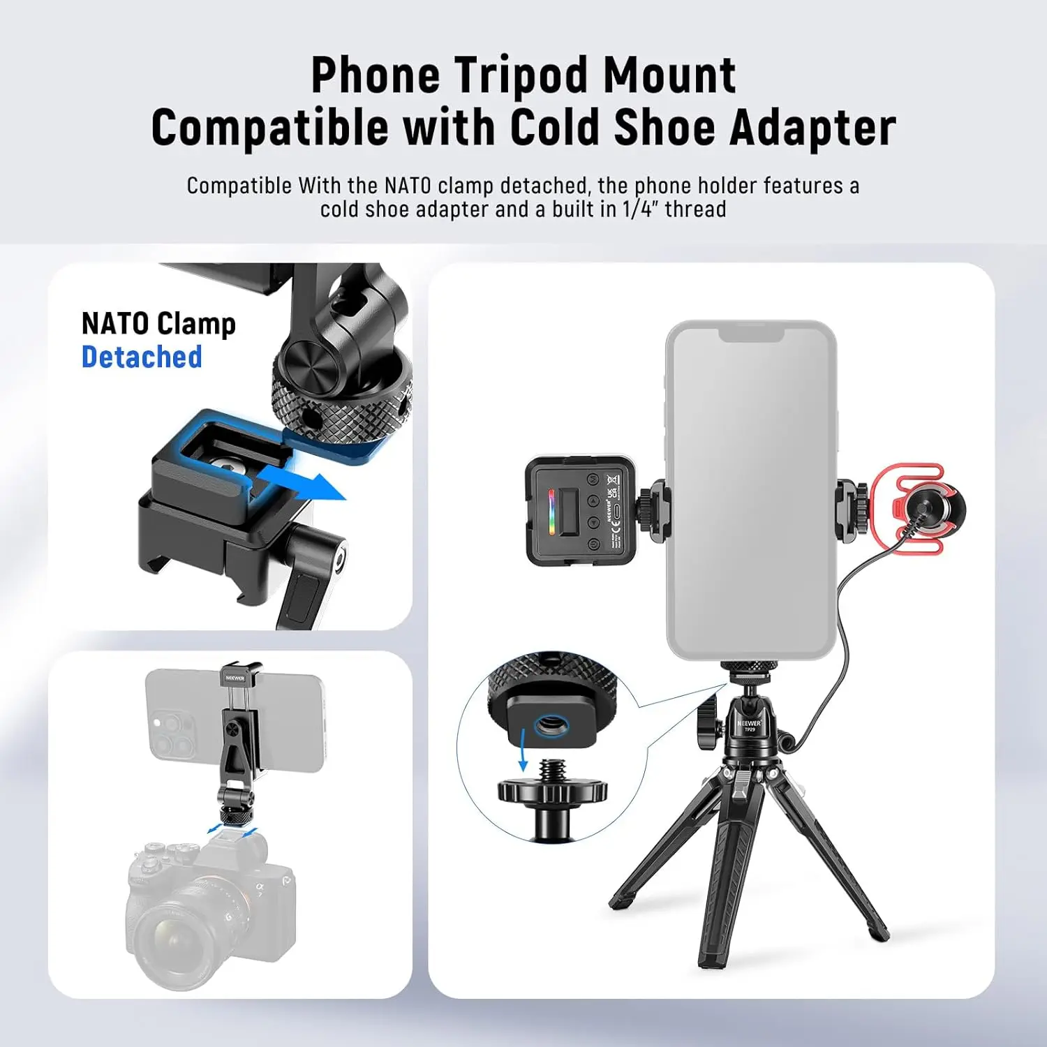 

Neewer Metal Phone Tripod Mount with Cold Shoe Mount NATO Clamp Compatible with DJI RS4 RS3 Pro RS2 RSC2 Gimbal Stabilizer