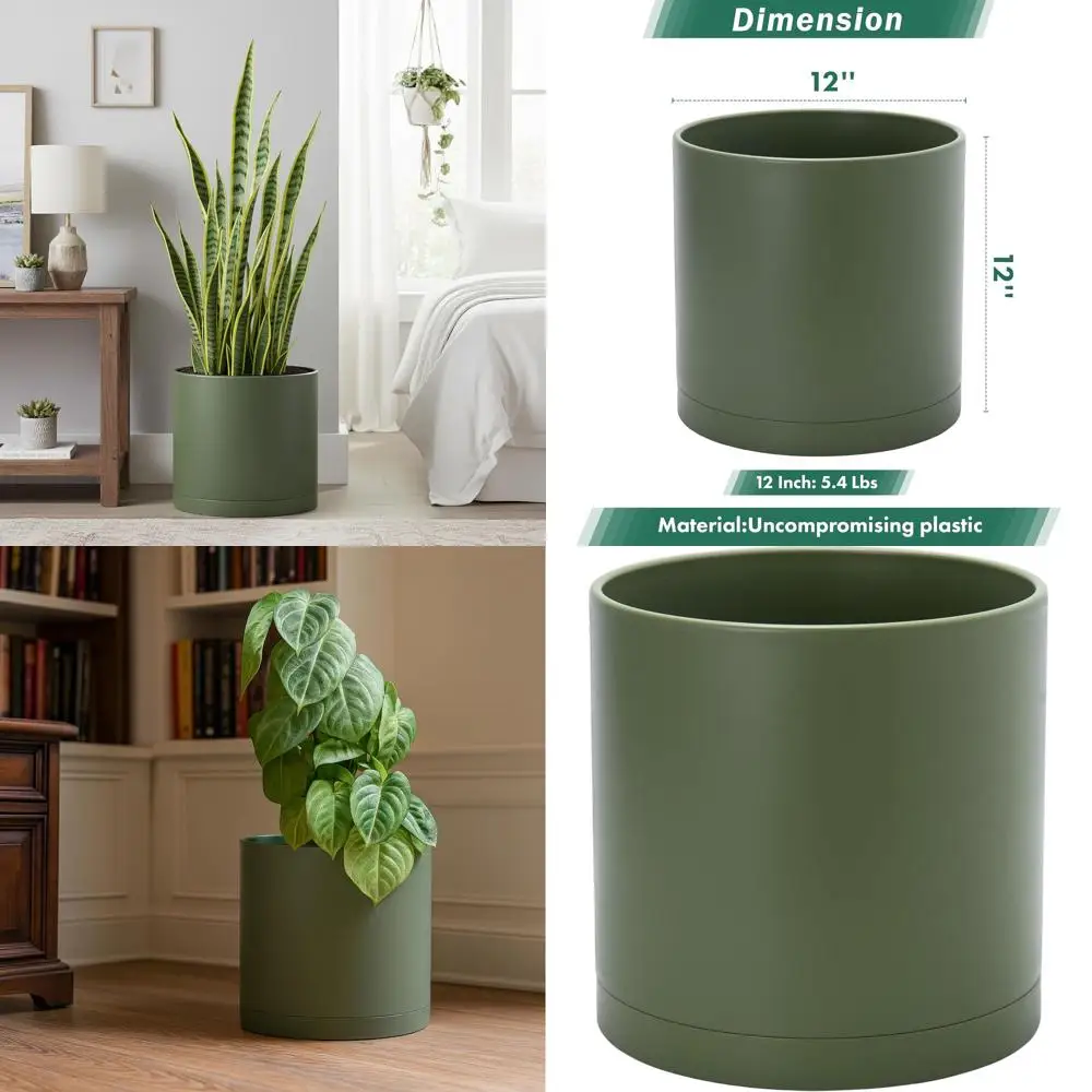 

12 Inch Plastic Plant Pot with Drainage and Seamless Saucer, Olive Color