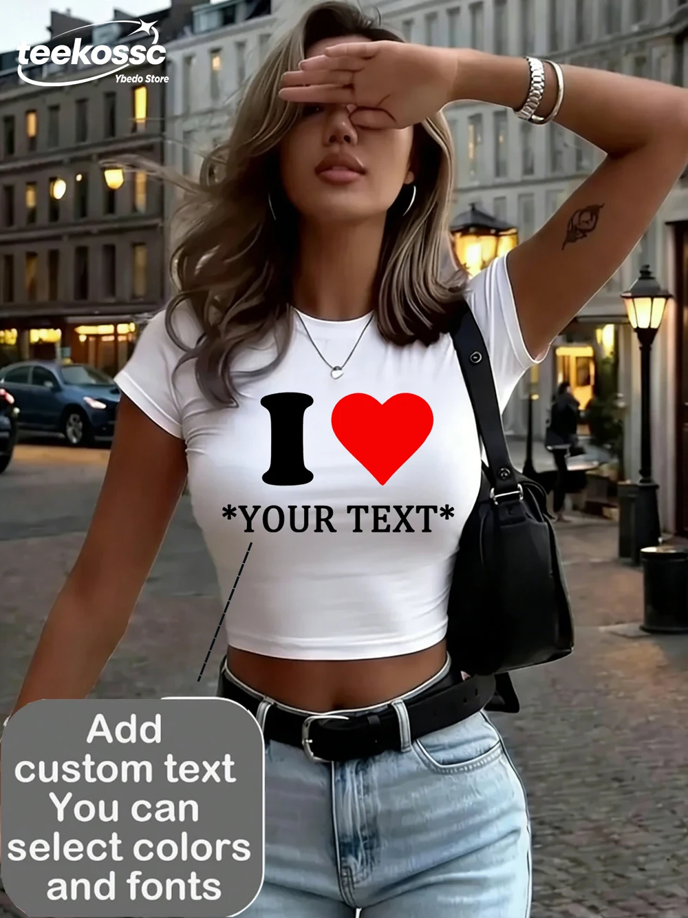 Custom Cotton Crop Tops Womens Customize I Love Theme Pattern Add Your Own Text Summer Soft O-Neck Slim Tees Sexy Casual T-Shirt