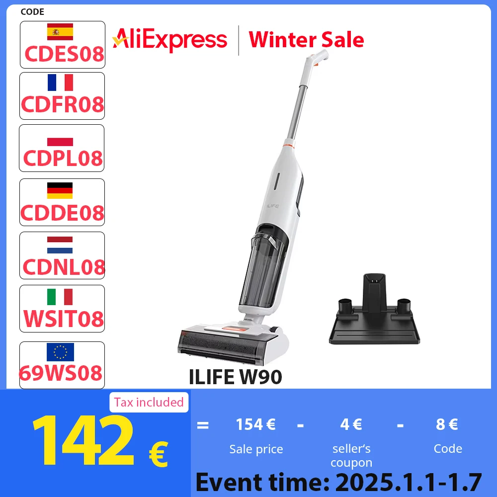 ILIFE W90 Cordless Wet Dry Vacuum Cleaner 3 in 1 Vacuum Mop and Wash SelfCleaning 700ml Water Tank 30Mins Runtime Voice Reminder