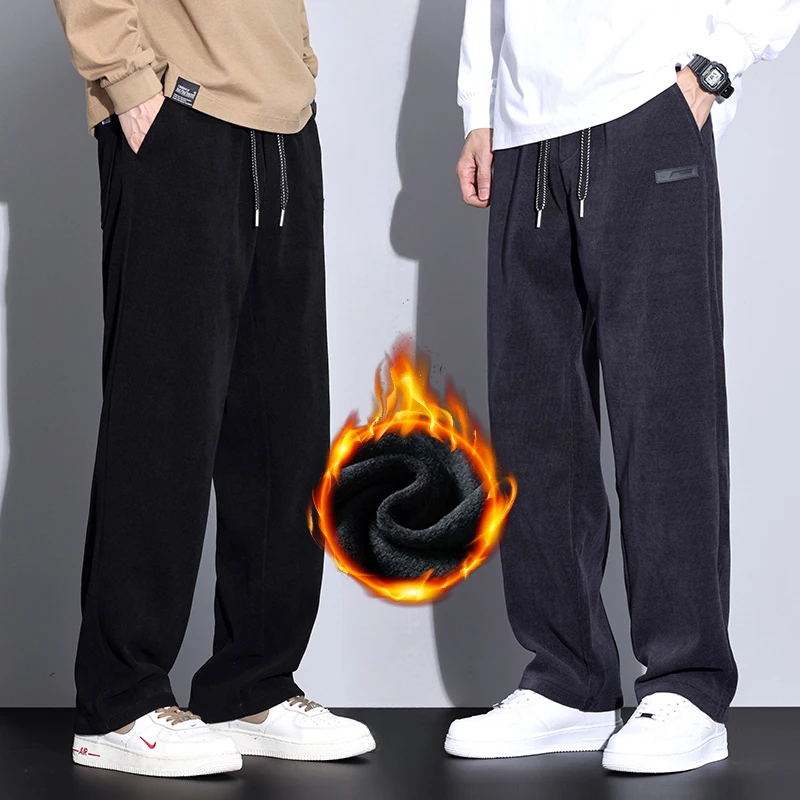 Winter Fleece Warm Stretch Corduroy Pants Men Thick Elastic Waist Korean Trousers Baggy Straight Jogger Outdoors Sweatpants Male