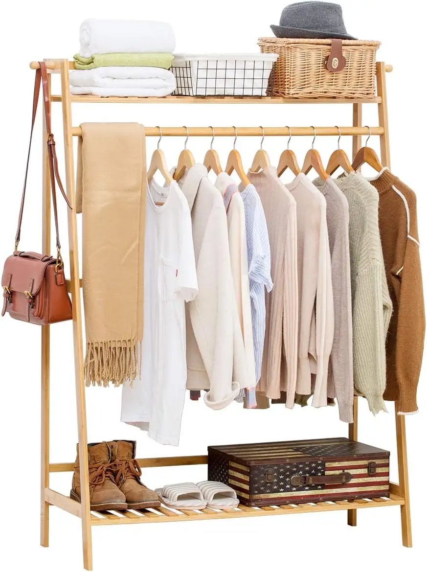 

Прочная бамбуковая вешалка для одежды с верхней полкой и органайзером для обуви