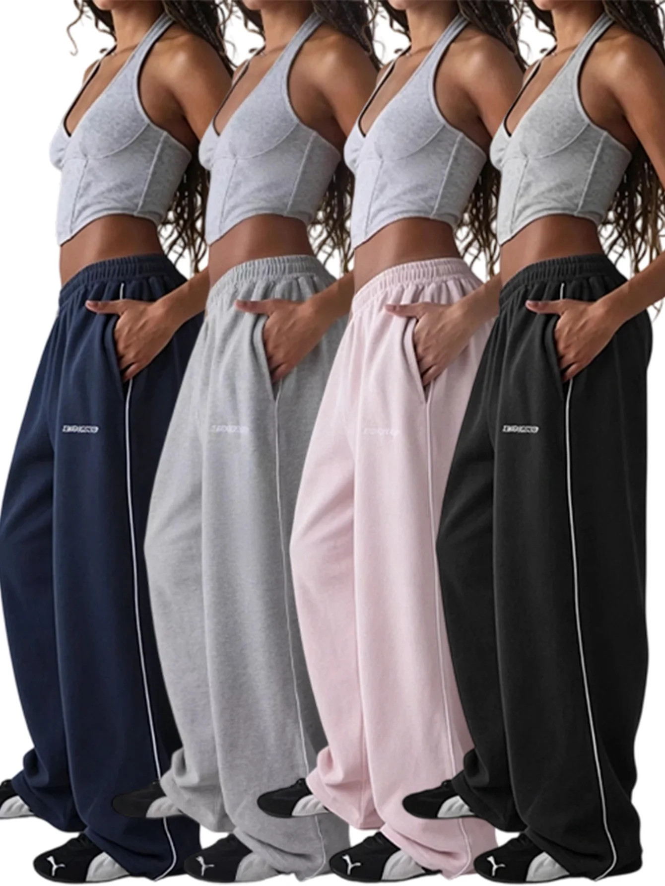 M6067 Striped Wide Leg Sports Pants For Women In Spring And Autumn, Loose And Slimming, Straight Leg Casual Pants With A Sense O