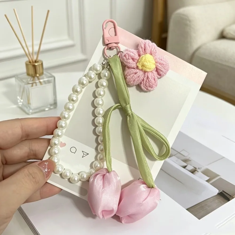 Satin Ribbon Tulip Bag Charm Crochet Flower Tulip Shape Flower Bag Charm Easy Clip Floral Style Tote Bag Decor