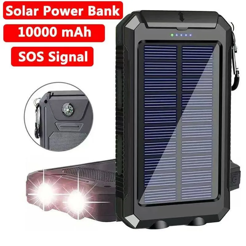 

10000mAh solar power bank for iPhone, Android, Samsung IP67 waterproof with flashlight, compass, portable power bank