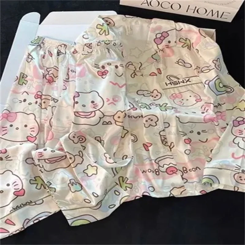 Cute Cartoon Hello Kitty Pajamas for Women Spring and Autumn New Kawaii Long Sleeve Long Pants High-Looking Home Clothes Set