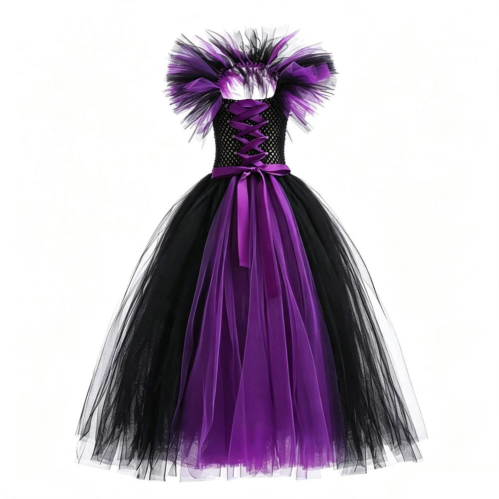 Girls Black Purple Witch Costume with Feather Wings Horns Devil Queen Cosplay Halloween Costumes Full Length Tutu Dress for Kids