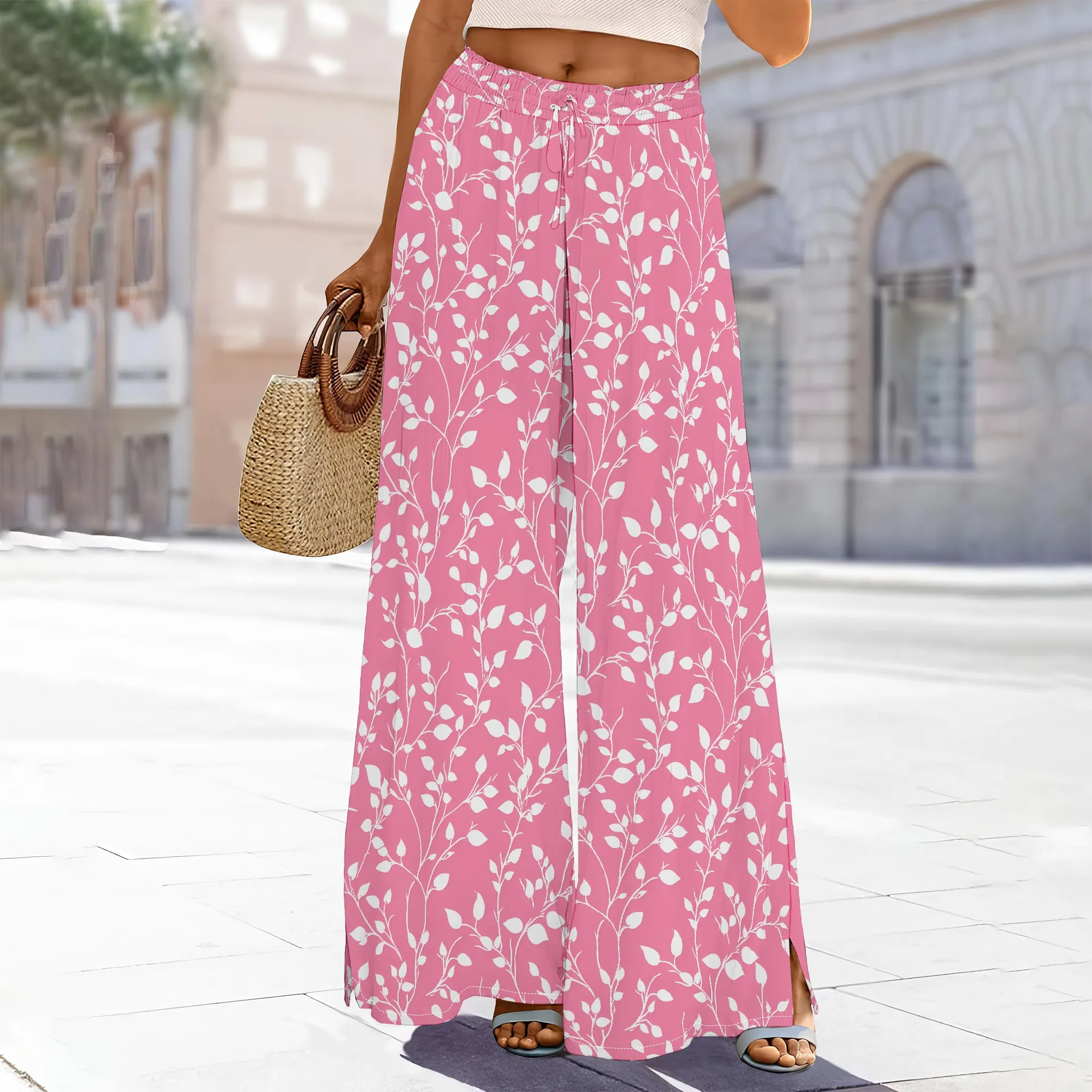 

Women's High-Waisted Olive Floral Print Wide-Leg Pants Elastic Waist Pockets Slit Polyester Fall Natural