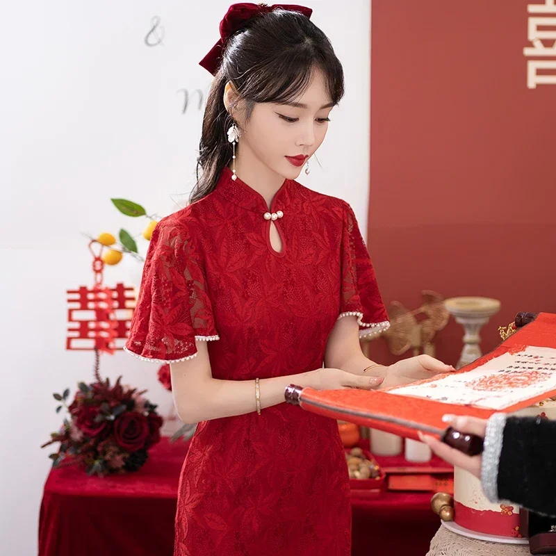 

Chinese Traditional Women Clothing Bridal Wedding Cheongsam Modern Improved Red Qipao Dress CNY