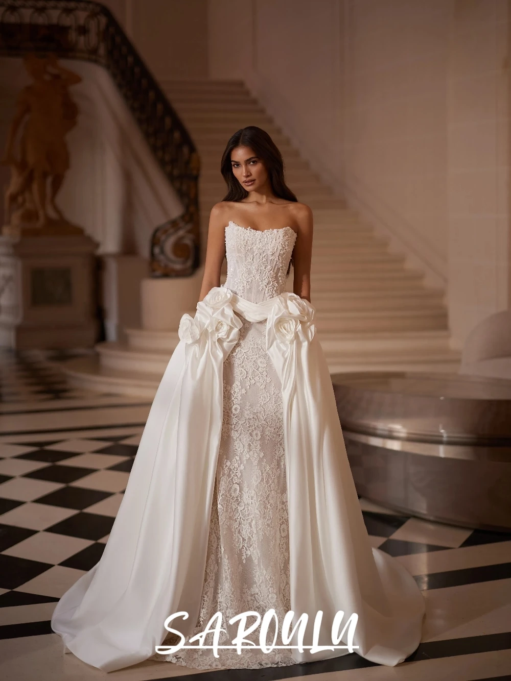 

2026 Vintage Mermaid Wedding Dress Delicate Strapless Lace Appliqué Corset Back Detachable Satin Train Bridal Gown For Women